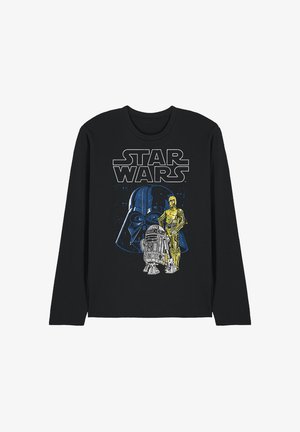 Schwarzes Langarmshirt mit Star Wars-Logo, mit großem blauem Darth Vader-Helm und kleineren R2-D2- und C-3PO-Droiden darunter.
