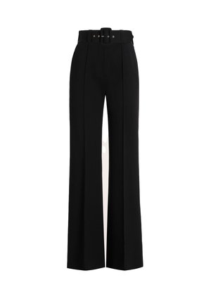 High-waisted black wide-leg trousers with a matching fabric belt and buckle at the waist, displayed on a white background.