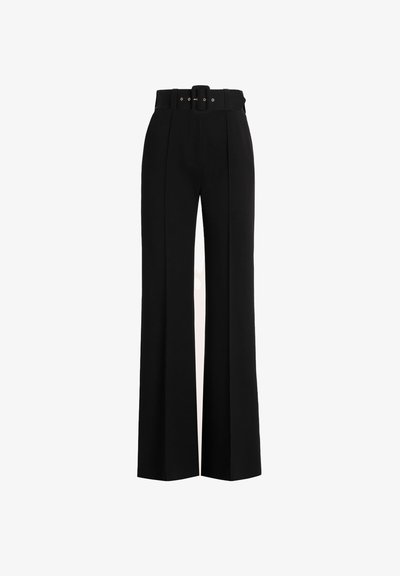 Visoko pasovi črni širokolegni hlače z usklajeno pasom in zaponko na pasu, prikazane na beli podlagi.