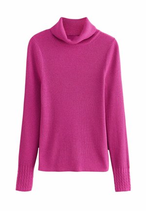 Fuchsie Ripp-Turtleneck-Pullover mit langen Ärmeln. Die Ärmel haben am Saum ein strukturiertes Strickdetail, das visuelles Interesse hinzufügt.