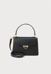 Black synthetic handbag with structured design, gold heart-shaped hardware, top handle, and removable shoulder strap. Textured finish.