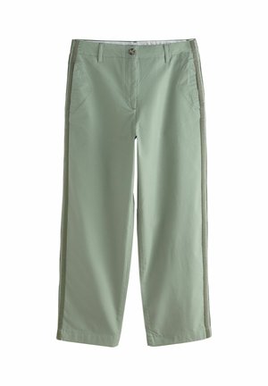 Light green straight-leg pants with side stripes, button closure, belt loops, and front pockets on a white background.