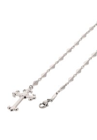 Sølv kors vedhængs halskæde med en poleret overflade. Har en diamantformet kæde og en krabbe-klips til sikker lukning.