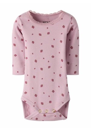 Pink ribbed long-sleeve baby bodysuit with small red strawberry prints and lace trim around the round neckline, snap buttons at the bottom.