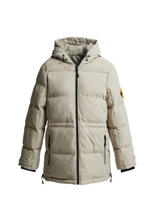 Bežna puhovka z zadrgo spredaj, kapuco in elastičnimi manšetami. Ima rdeče ročaje zadrge in logotipni znak na levem rokavu.