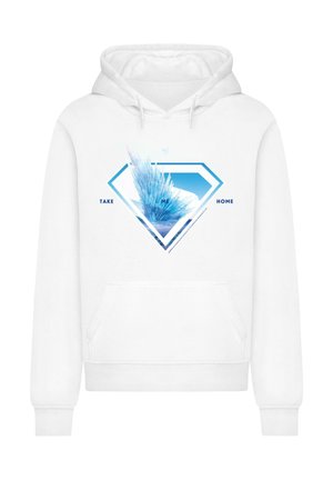 Valkoinen huppari, jossa on sininen timanttigrafiikka, joka sisältää teräviä, jäisiä viivoja ja tekstin "OTA MIE VAILLE." Sisältää etutaskun ja kiristysnauhan huppua.