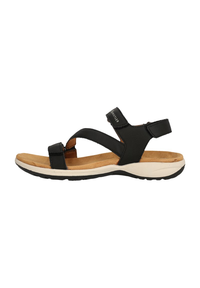 Sort sandal med justerbart stropdesign, blød korklignende fodseng og en polstret hvid mellemsål med en tekstureret gummisål.
