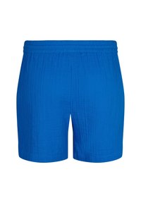 Bermuda in cotone blu con vita elastica, caratterizzate da un tessuto strutturato e stropicciato e un design semplice e dritto.