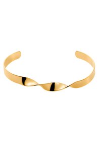Gullfarget metallmansjettarmbånd med en vridd design. Glatt, blank overflate; åpne ender for justerbar passform.