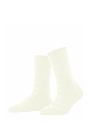 Par de calcetines de punto color crema hasta media pantorrilla con patrones sutiles de canalé horizontal y textura moteada.