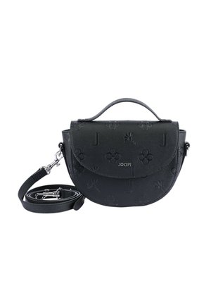 Borsa a tracolla nera in pelle con decorazioni floreali in rilievo e logo. Presenta una chiusura a patta, una maniglia superiore e una tracolla regolabile.