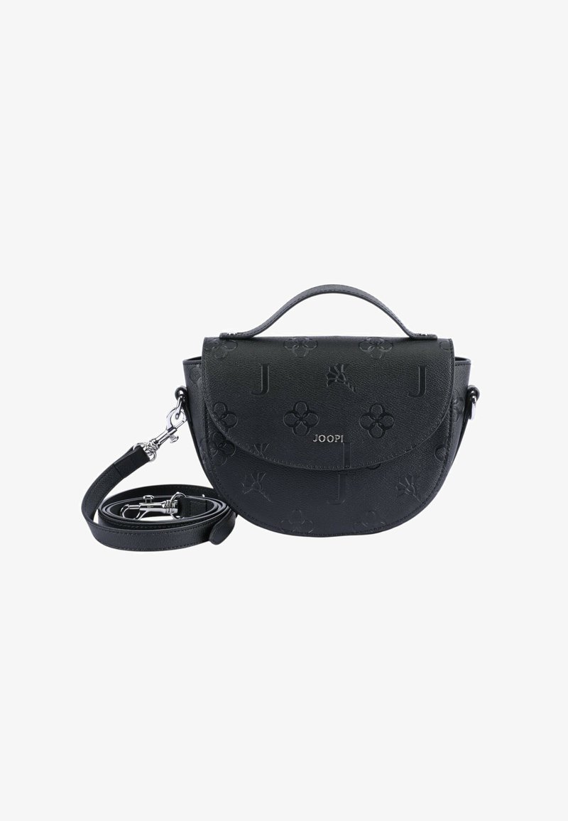 Borsa a tracolla nera in pelle con decorazioni floreali in rilievo e logo. Presenta una chiusura a patta, una maniglia superiore e una tracolla regolabile.