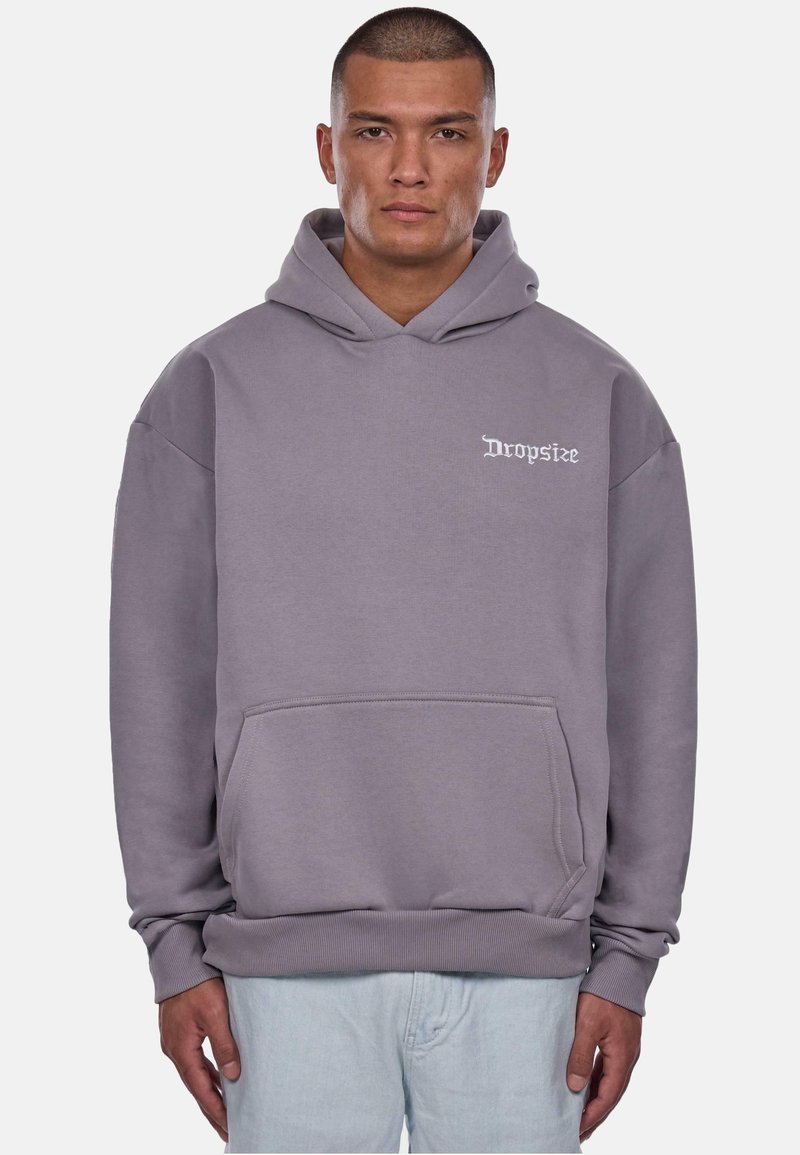 Gray cotton hoodie with a front pocket, relaxed fit, adjustable hood, and embroidered "Dropsize" logo on the chest.