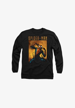 Schwarz longsleeve T-Shirt mit einem Spider-Man-Graphic in Blau- und Orangetönen, mit dem fetten Text "SPIDER-MAN" über dem Bild.
