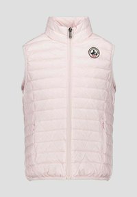 Lichtroze, mouwloos gewatteerd vest met een hoge kraag, rits aan de voorkant en een cirkelvormig logo op de linkerborst. Twee zijzakken.