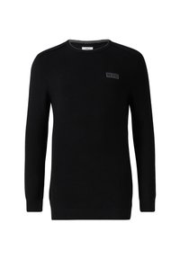 Pull en maille noir à manches longues avec col rond, poignets côtelés et petite écusson logo sur la poitrine gauche.