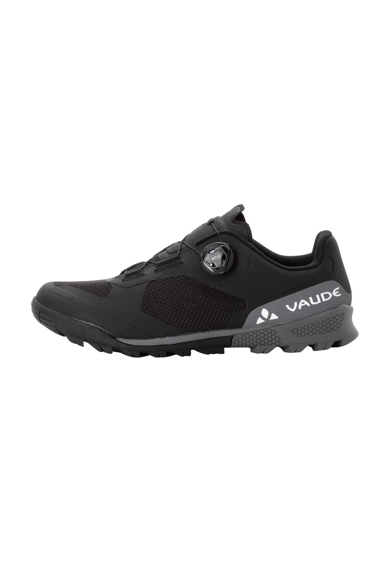 Schwarzer Mountainbiking-Schuh mit einem Obermaterial aus Netz und Synthetik, BOA-Verschlusssystem, strukturiertem Außensohle für Grip und grauem VAUDE-Logo.