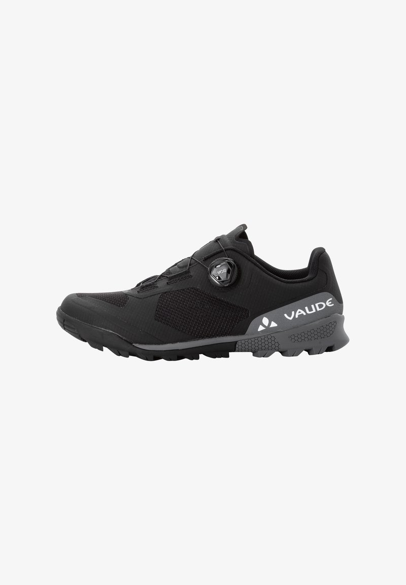 Schwarzer Mountainbiking-Schuh mit einem Obermaterial aus Netz und Synthetik, BOA-Verschlusssystem, strukturiertem Außensohle für Grip und grauem VAUDE-Logo.