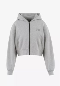 Grijze cropped hoodie met een ritssluiting, grote capuchon, lange mouwen en elastische manchetten. Heeft een klein zwart logo op de linkerborst.