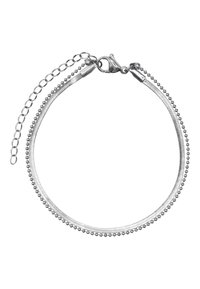 Zilveren armband met een kettingontwerp, sierlijke bolletjes en een gestructureerde, gladde band. Voorzien van een karabijnsluiting en een verstelbare ketting.