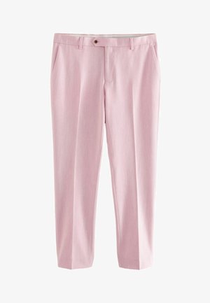 Pantaloni rosa chiaro realizzati in un tessuto texturizzato, con chiusura a bottoni, due tasche laterali e un design a gamba dritta.