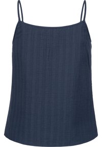 Navyblauw hemdje met dunne bandjes, voorzien van een gestructureerd, ribbelpatroon en een ontspannen pasvorm. De stof lijkt lichtgewicht en zacht te zijn.