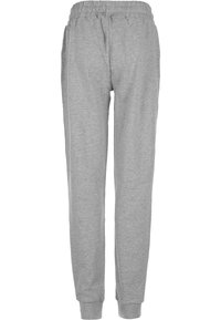 Graue Sweatpants mit einem elastischen Bund, schmal zulaufenden Bündchen und einem weichen, strukturierten Stoff sowie seitlichen Nähten.