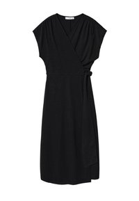 Robe portefeuille noire longueur genoux avec manches courtes, col en V et nouée sur le côté à la taille.