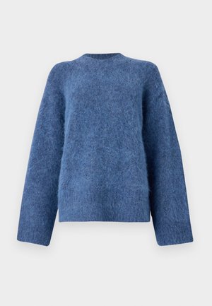 Blue wool sweater with a round neckline, long sleeves, loose fit, and soft texture; features a fluffy, slightly textured surface.