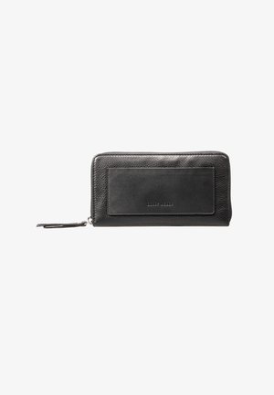 Black leather wallet with a textured surface and a smooth patch displaying the brand name, featuring a zipper and a wrist strap.