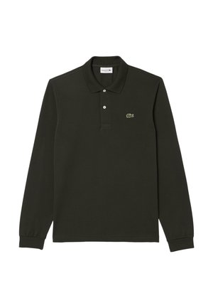 Polo a maniche lunghe in cotone verde scuro, con colletto classico, pattina con tre bottoni e logo ricamato sul lato sinistro del petto.