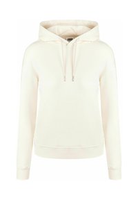 Sudadera con capucha color crema que incluye una capucha con cordón, mangas largas y un ajuste holgado. Hecha de tela suave con puños y dobladillo acanalados.
