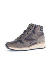 Hoge sneakers in grijs suede en leer, met een textuuraccent, veters en een zijrits. Rubberen zool met subtiele beige afwerking.