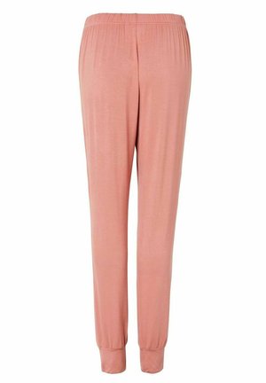 Roza, lahka tekaška hlača z elastičnim pasom in prilegajočimi se manšetami na gležnjih. Gladka tekstura, preprost dizajn, brez vidnih vzorcev.