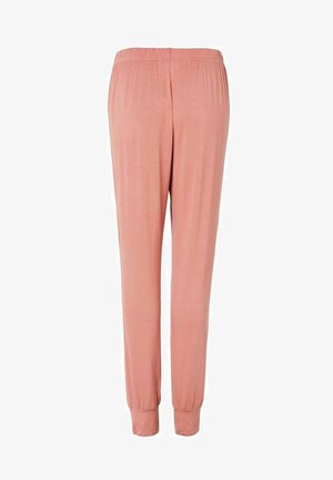 Roza, lahka tekaška hlača z elastičnim pasom in prilegajočimi se manšetami na gležnjih. Gladka tekstura, preprost dizajn, brez vidnih vzorcev.