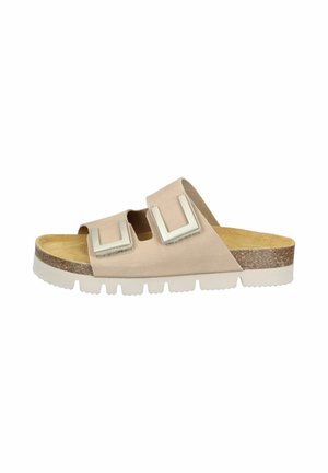 Beige Pantolette mit zwei breiten, verstellbaren Riemen und weißen Schnallen, Korkfußbett und weißer, dicker, gerillter Sohle.