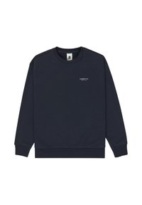 Felpa crewneck blu navy in cotone con polsini e orlo a coste, caratterizzata da un piccolo logo bianco sul davanti. Texture morbida.