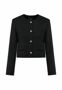 Czarna krótka kurtka uszyta z gładkiego materiału, z okrągłym dekoltem, długimi rękawami oraz złotymi zapięciami na guziki i dwoma przednimi kieszeniami.