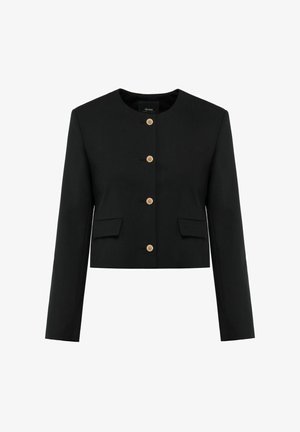 Czarna krótka kurtka uszyta z gładkiego materiału, z okrągłym dekoltem, długimi rękawami oraz złotymi zapięciami na guziki i dwoma przednimi kieszeniami.