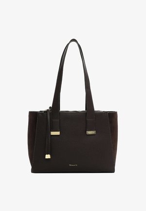 Sac fourre-tout en cuir brun et suède avec deux poignées supérieures, une fermeture zippée et des accents en métal. Présente une forme structurée.