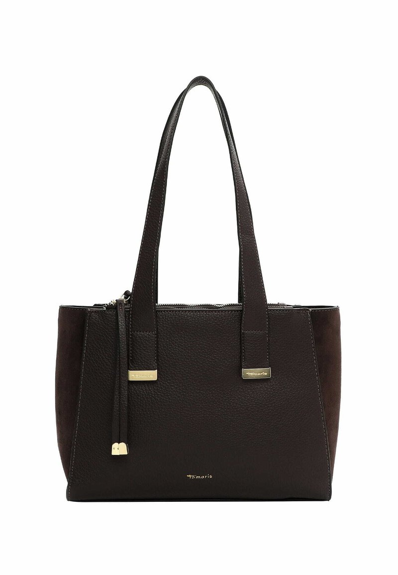 Ruskea nahka- ja samettitote-laukku, jossa on kaksinkertaiset yläkahvat, vetoketjukiinnitys ja metalliset koristeet. Ominaisuutena on jämäkkä muoto.