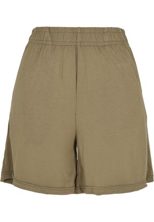 Shorts khaki yang terbuat dari kain lembut, dengan pita elastis di pinggang dan desain longgar, serta jahitan hem dan celah samping untuk kenyamanan.