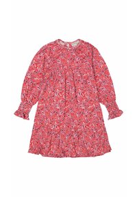 Rotes Paisleykleid mit langen Ärmeln, gerafften Manschetten und gefältelten Details. Hergestellt aus leichtem Stoff mit einer weichen Textur und lebhaftem Muster.