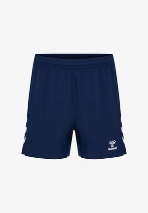 Donkerblauwe sportshorts met elastische tailleband, witte chevronstrepen aan de zijkanten en een wit hummel-logo op het rechtervoorbeen.