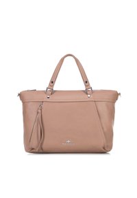 Sac fourre-tout en cuir beige avec doubles poignées, fermeture éclair et poche zippée à l'avant. Présente des finitions en métal argenté et un design élégant et structuré.