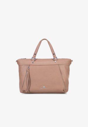 Sac fourre-tout en cuir beige avec doubles poignées, fermeture éclair et poche zippée à l'avant. Présente des finitions en métal argenté et un design élégant et structuré.