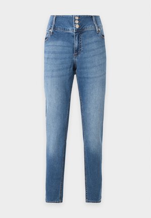 Blå denim højtaljede skinny jeans med tre forreste knapper og klassisk fem-lommer design på en ensfarvet baggrund.