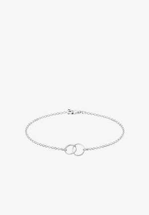 Sidabrinė apyrankė su švelniu grandinėle ir dviem tarpusavyje sujungtais apvaliais žiedais. Lygus paviršius su patikimu krabų tipo užsegimu.