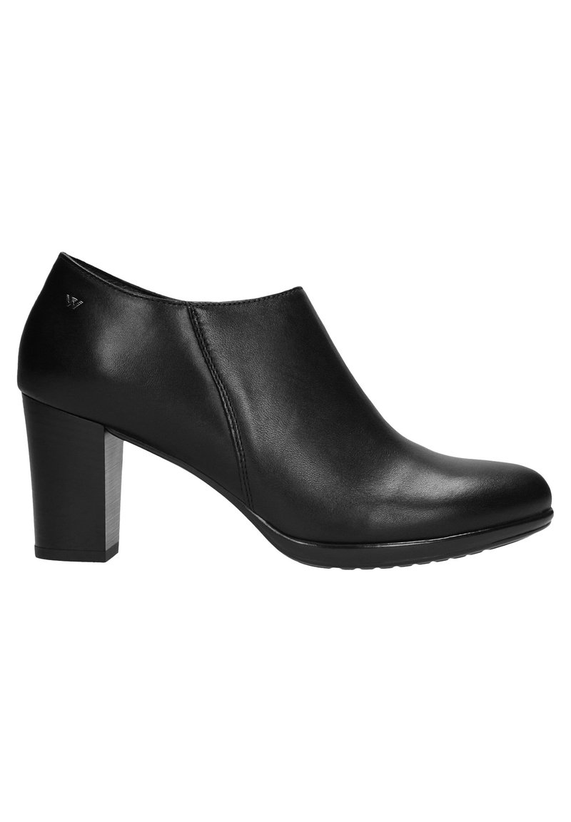 Černá kožená kotníková bota s kulatou špičkou, 10 cm blokovým podpatkem a detailním bočním šitím; hladká textura a minimalistický design.