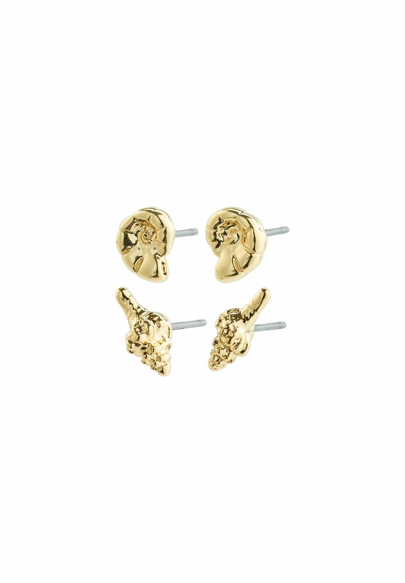 Zlatne stud naušnice s dvije školjkašice: jedna u spirali, a druga više izdužena, obje s složenim detaljima.